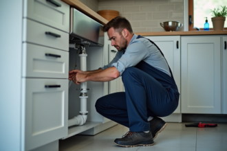 Plombier homme en overalls connectant PEX sous évier moderne