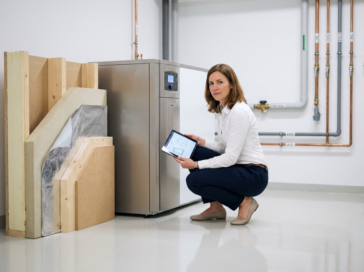 Architecte féminine inspectant un système de pompe à chaleur géothermique et l'isolation thermique multicouche dans une maison haut de gamme