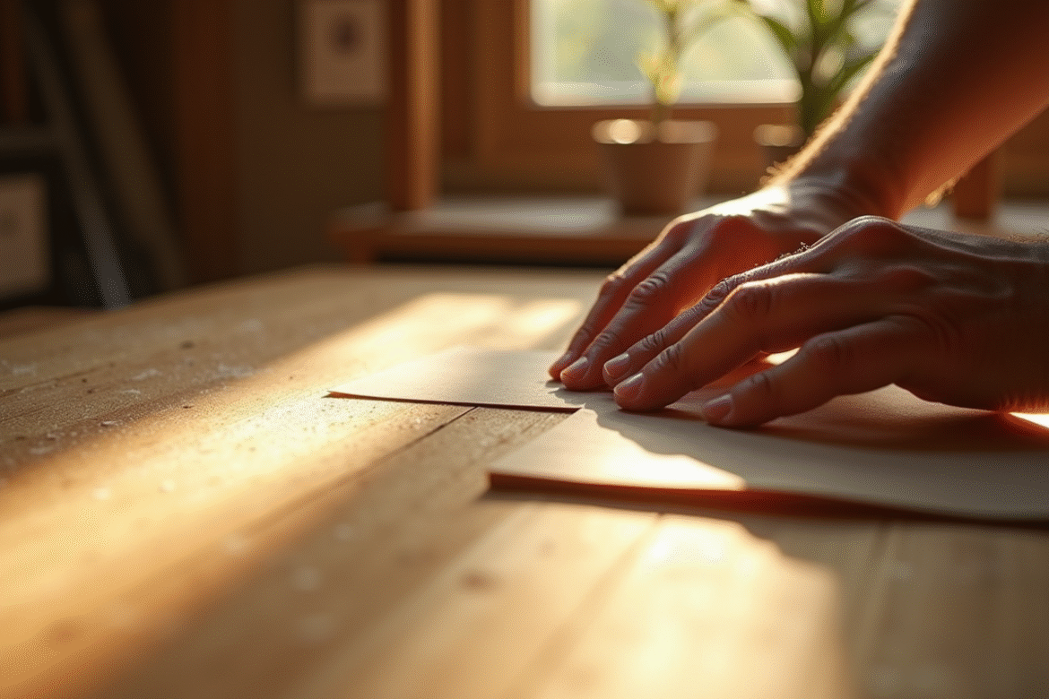 Main ponçant un bois avec du papier abrasif pour lisser la surface