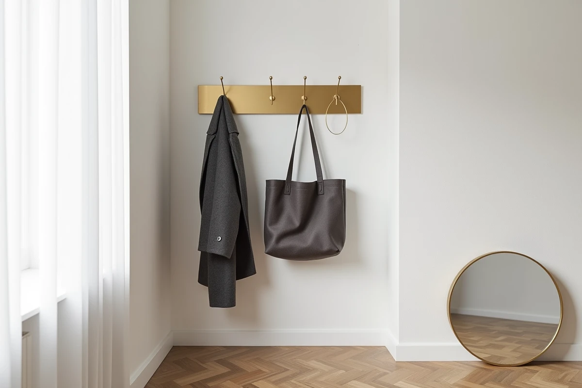 Vue d'ensemble d'un coin studio avec porte-manteau mural en métal doré et accessoires vestimentaires suspendus