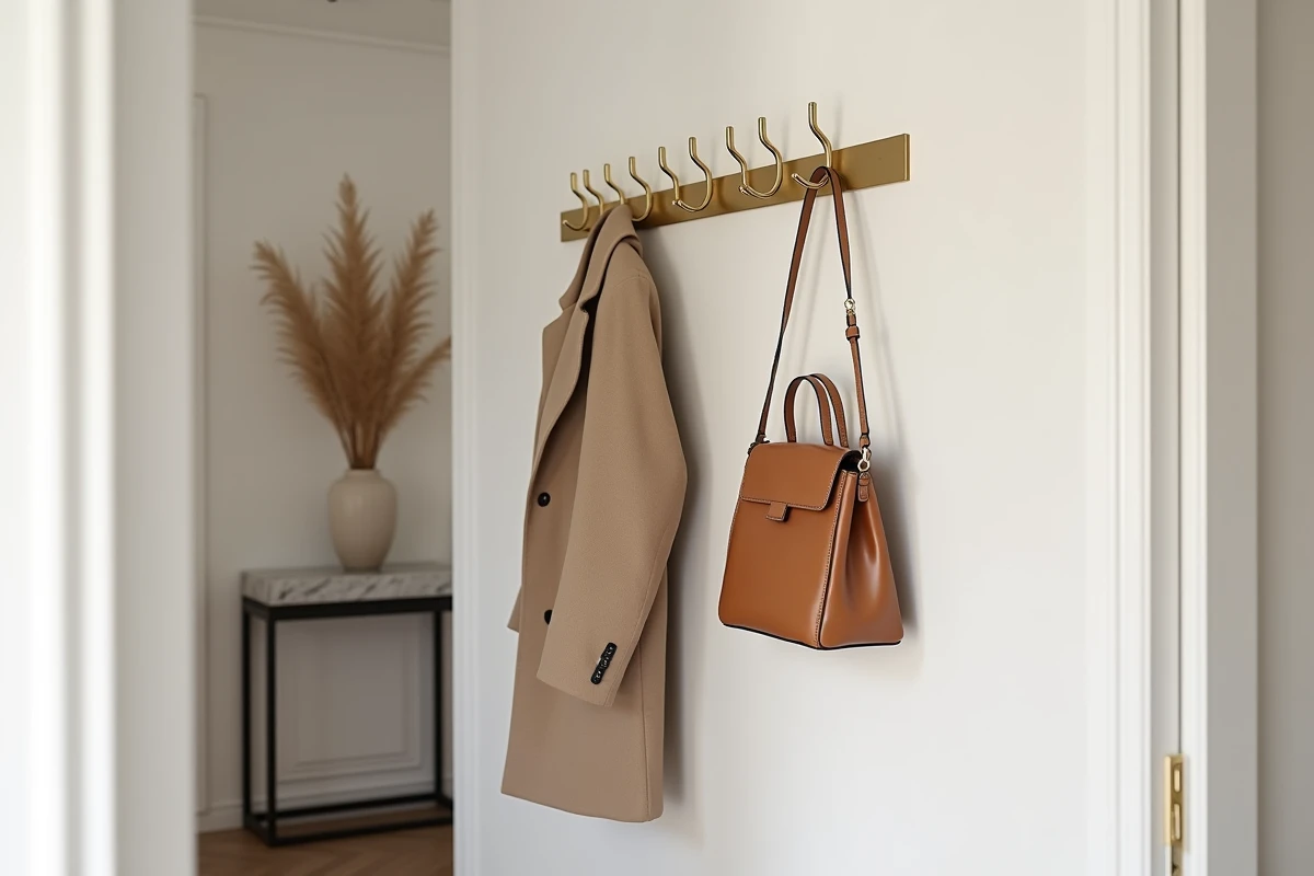 Porte-manteau mural en métal doré dans une entrée parisienne étroite avec manteau beige et sac en cuir
