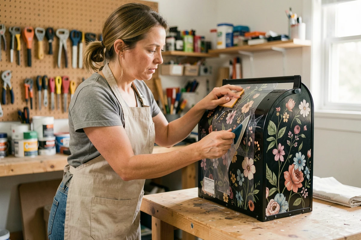 Femme appliquant un film adhésif fleuri sur une boîte aux lettres métallique dans un atelier de bricolage