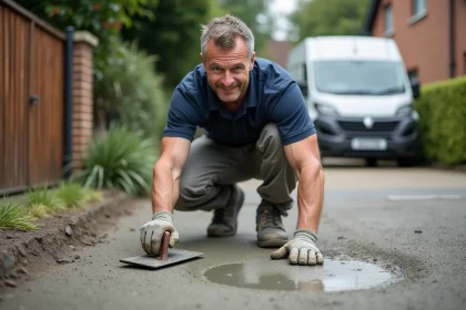 Artisan professionnel en train de poser du béton désactivé sur une allée de maison individuelle