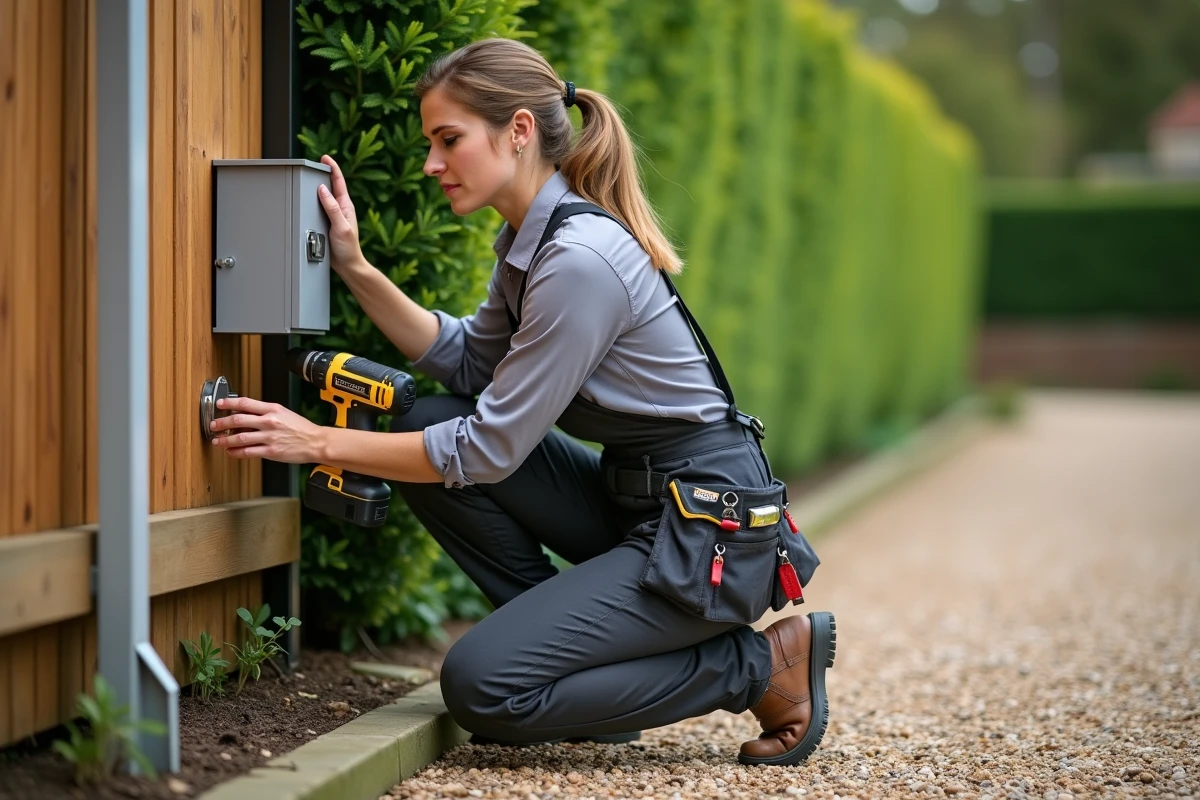 Serrurier femme installant une boîte à clé sécurisée sur un poteau en bois dans un jardin