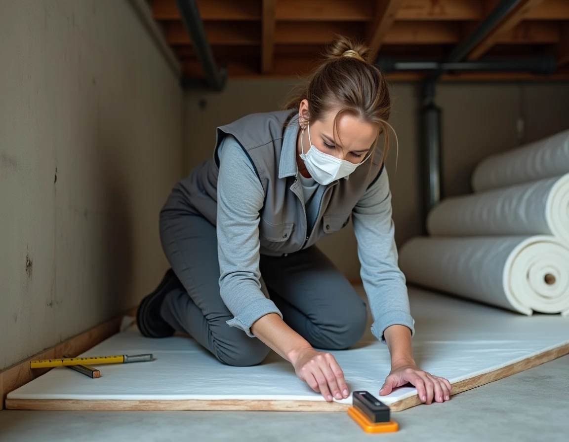 Femme posant un rouleau isolant dans un vide sanitaire avec une coupe imprécise au niveau d'un angle