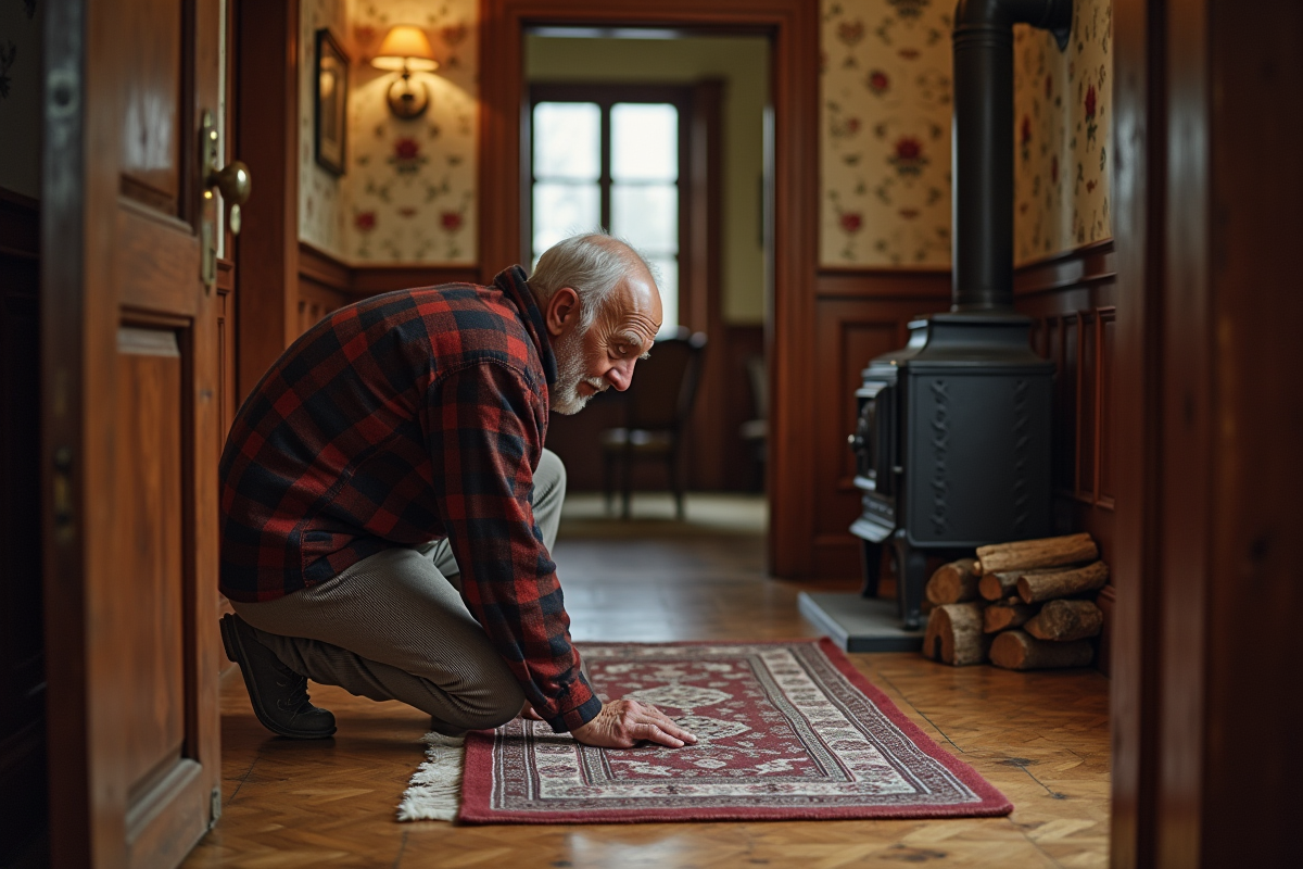 Homme posant un tapis en laine devant une porte en bois ancienne
