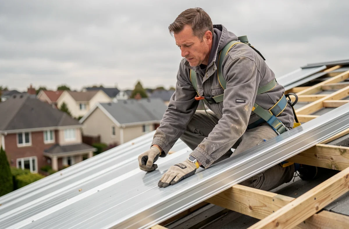 Artisan couvreur posant une tôle en aluminium sur une charpente en bois avec harnais de sécurité