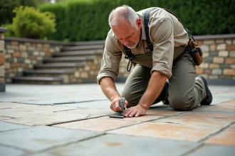 Ouvrier posant joint flexible sur terrasse en céramique