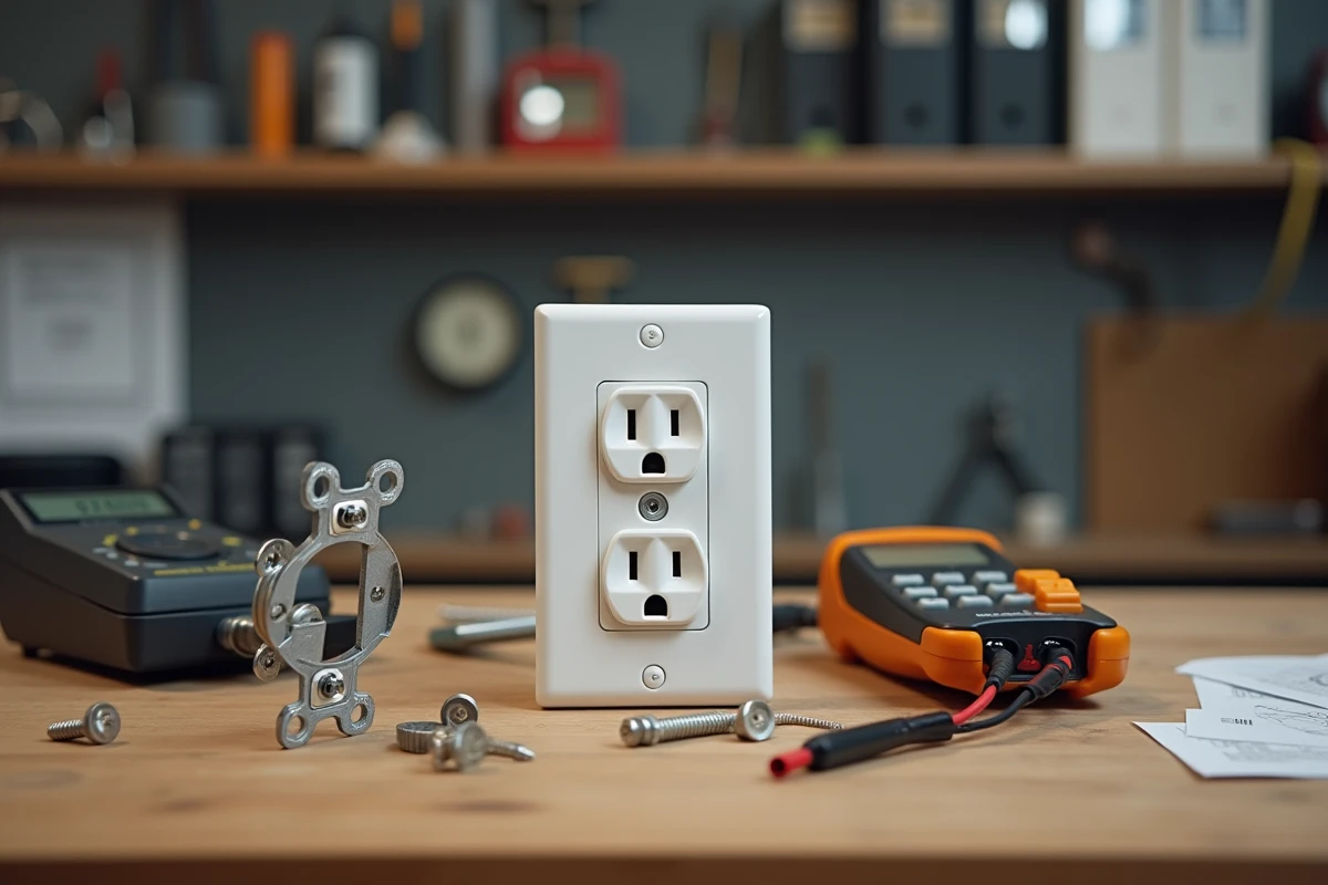 Prise double Legrand démontée sur un établi d'atelier avec multimètre et outils d'électricien pour vérification de conformité