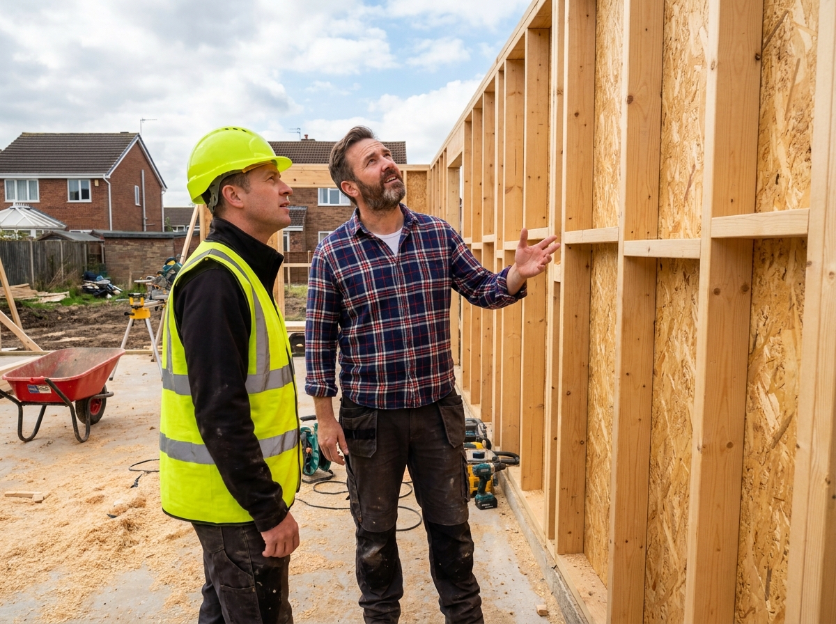 Un propriétaire discute avec son entrepreneur sur le chantier de construction de sa maison en ossature bois