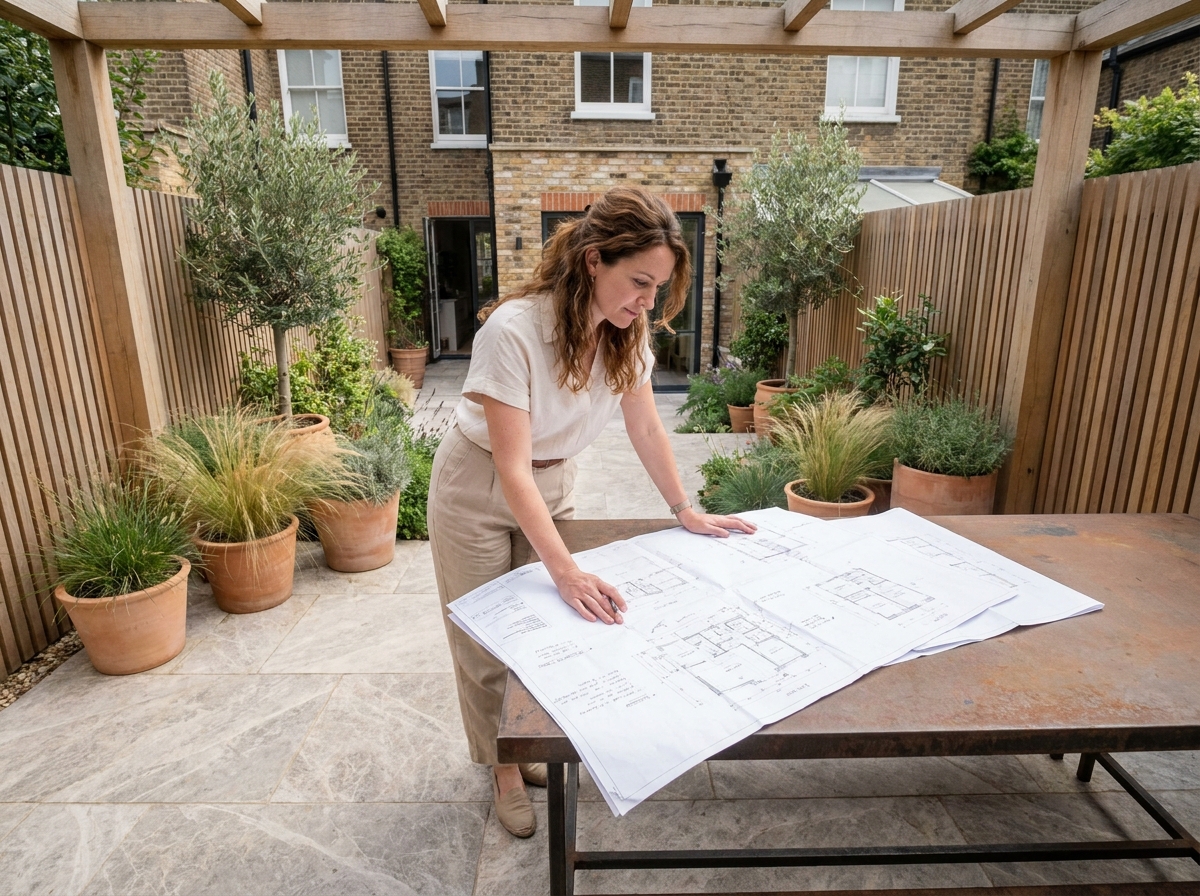 Propriétaire consultant des plans d'aménagement pour une terrasse en pierre sur-mesure dans un jardin urbain