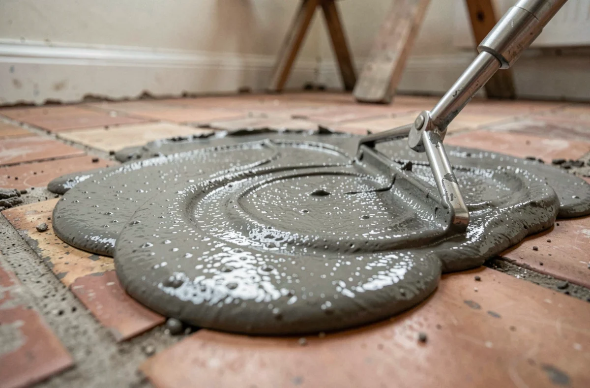 Gros plan sur du ragréage autolissant en cours d'étalement sur un ancien carrelage avec une règle de nivellement