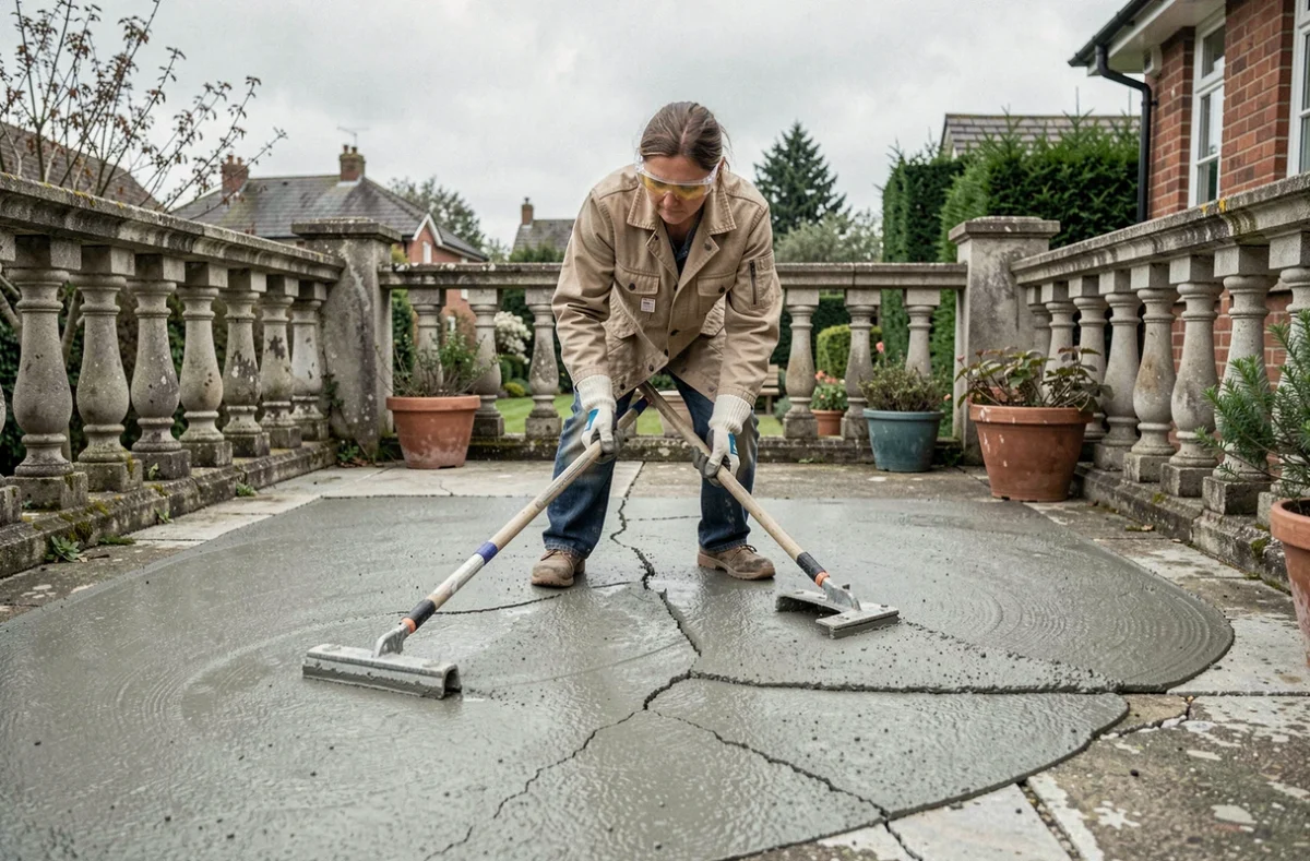 Femme appliquant un ragréage autonivelant extérieur sur une terrasse en béton fissuré avec une raclette professionnelle