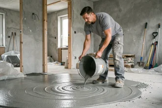 Ouvrier versant un ragréage autonivelant sur un sol en béton à l'intérieur d'un chantier de rénovation