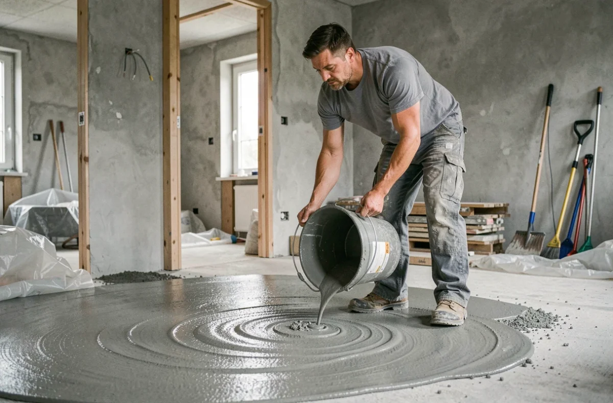 Ouvrier versant un ragréage autonivelant sur un sol en béton à l'intérieur d'un chantier de rénovation