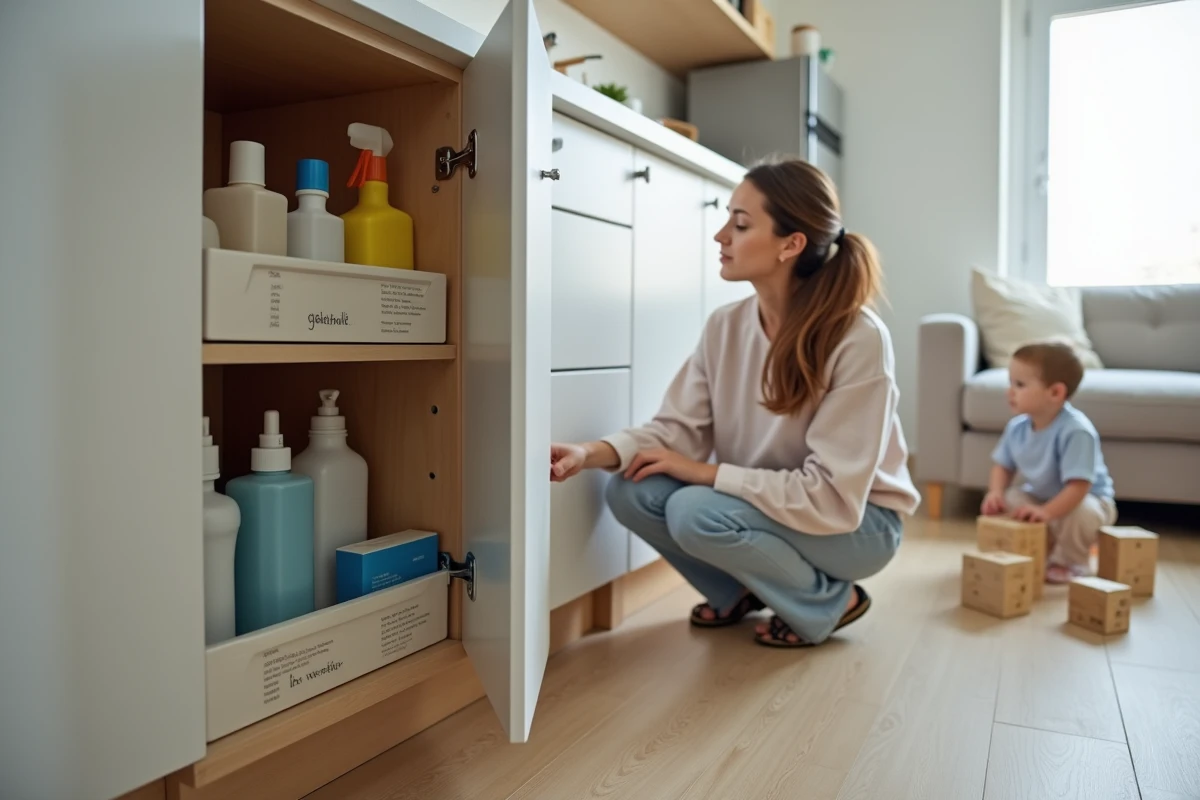 Femme rangeant des produits ménagers dont l'acide citrique dans un placard sécurisé avec verrou enfant pendant qu'un enfant joue en arrière-plan