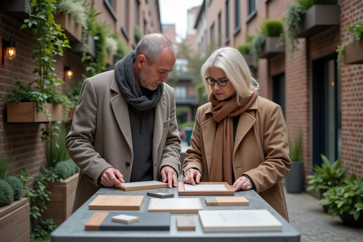Homme et femme examinant des échantillons de décoration recyclée en extérieur