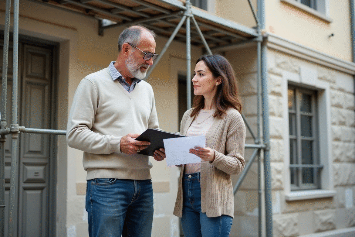 Homme et femme discutent devant une façade en rénovation