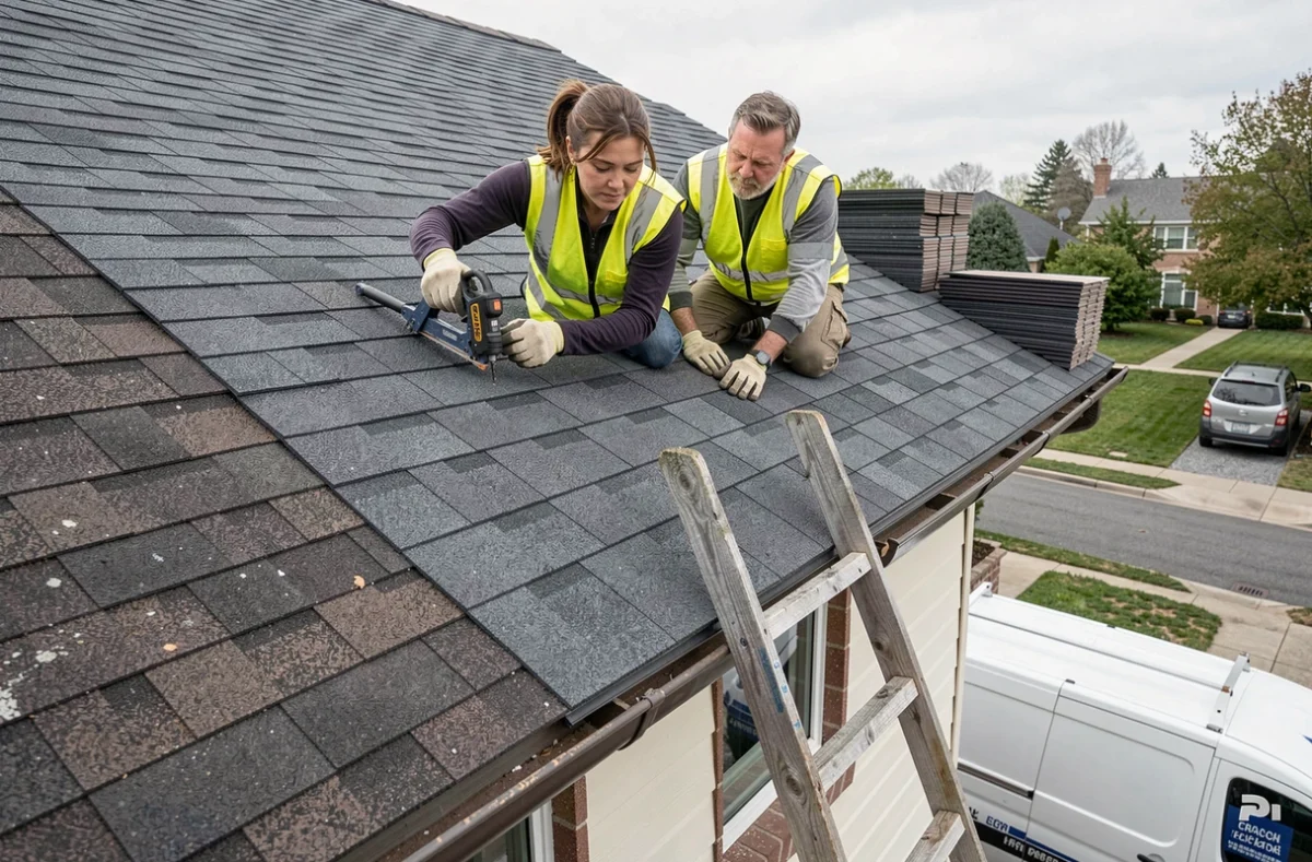 Deux couvreurs posant de nouveaux bardeaux de shingle sur une toiture en pente lors d'une rénovation complète