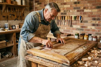 Artisan en salopette de jean restaurant une ancienne porte en bois dans un atelier rustique