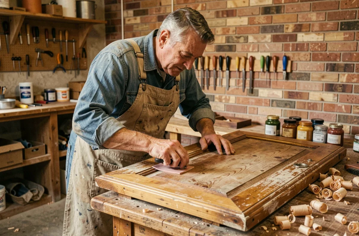 Artisan en salopette de jean restaurant une ancienne porte en bois dans un atelier rustique