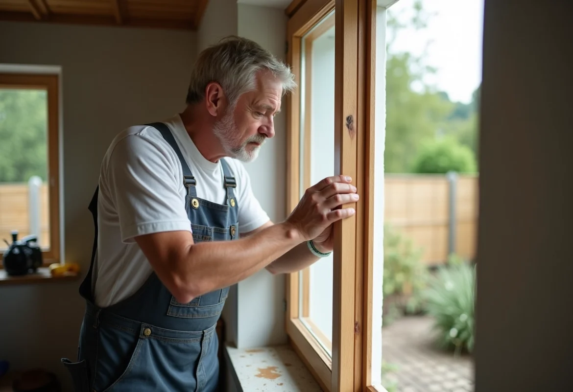 Homme en overalls retirant une vieille fenêtre en bois dans un salon lumineux
