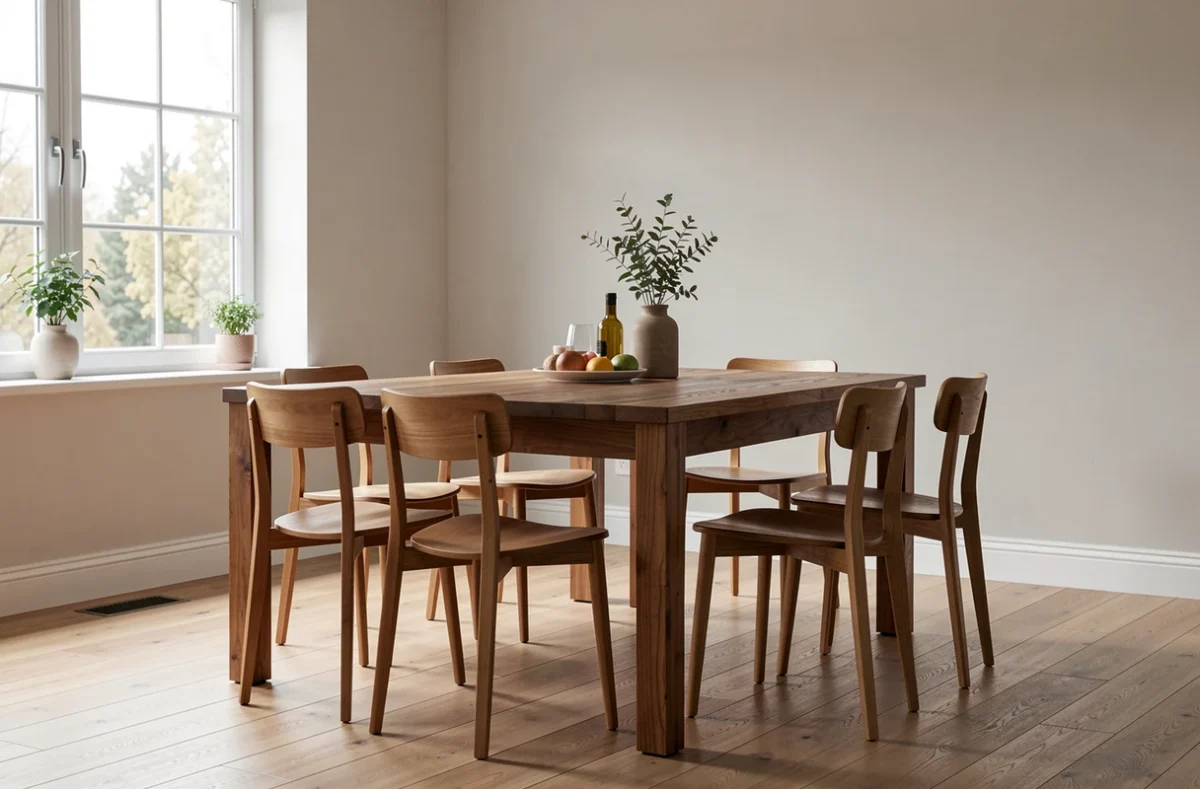 Salle à manger avec table en bois massif et chaises sobres