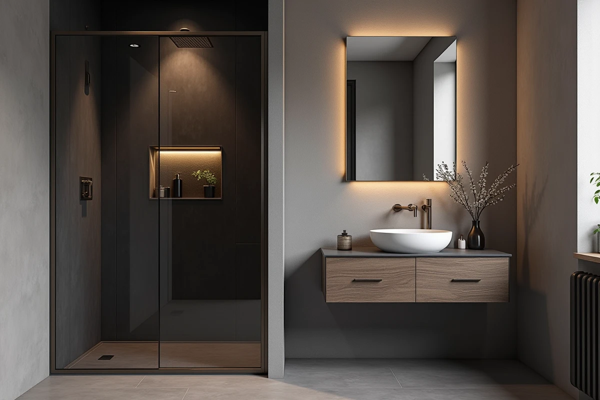 Salle de bain 4m2 sans wc avec douche à l'italienne et meuble vasque en chêne fumé et robinetterie laiton brossé