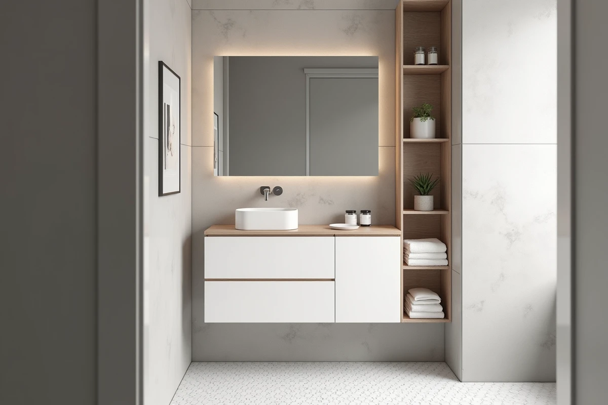 Petite salle de bain 4m2 sans wc avec meuble vasque suspendu blanc et étagères en bois clair