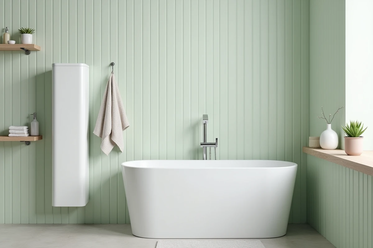 Salle de bain compacte sans WC avec colonne de rangement blanche et baignoire sabot en 4m2