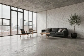 Salon loft minimaliste avec sol en béton brut poli, canapé gris anthracite et fenêtres industrielles en acier