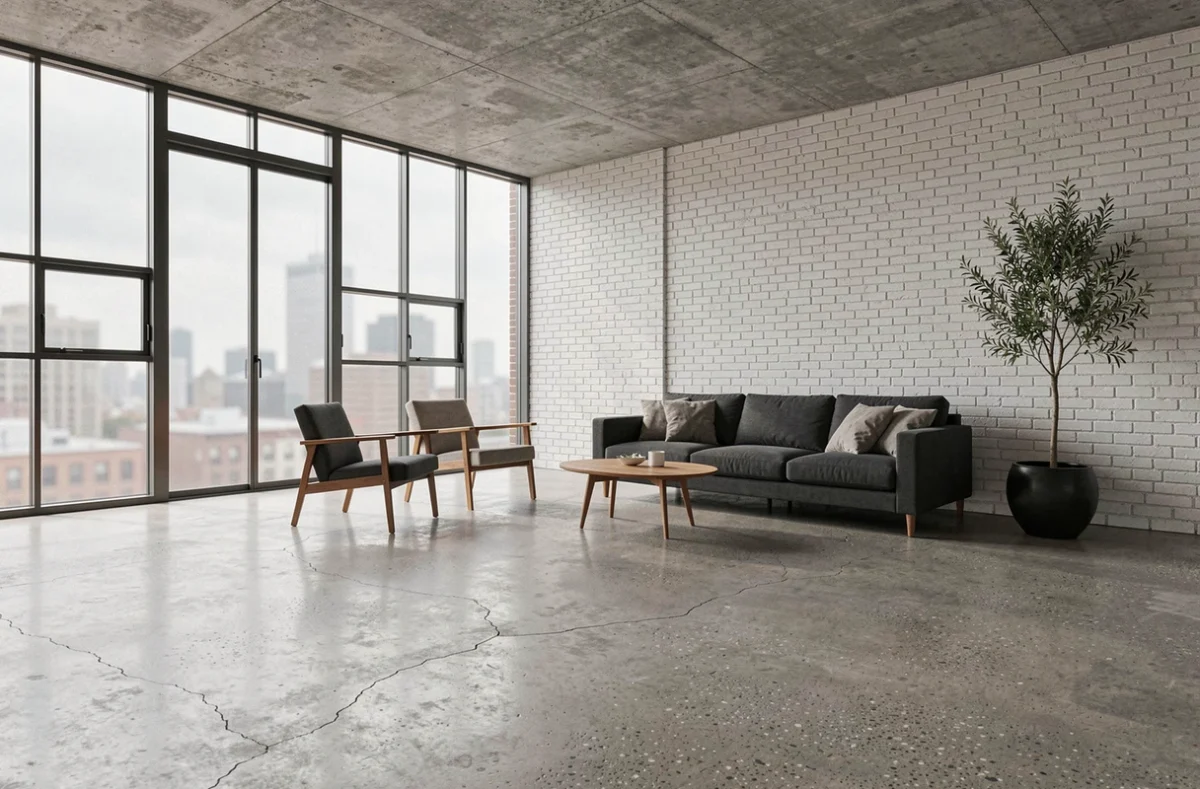 Salon loft minimaliste avec sol en béton brut poli, canapé gris anthracite et fenêtres industrielles en acier