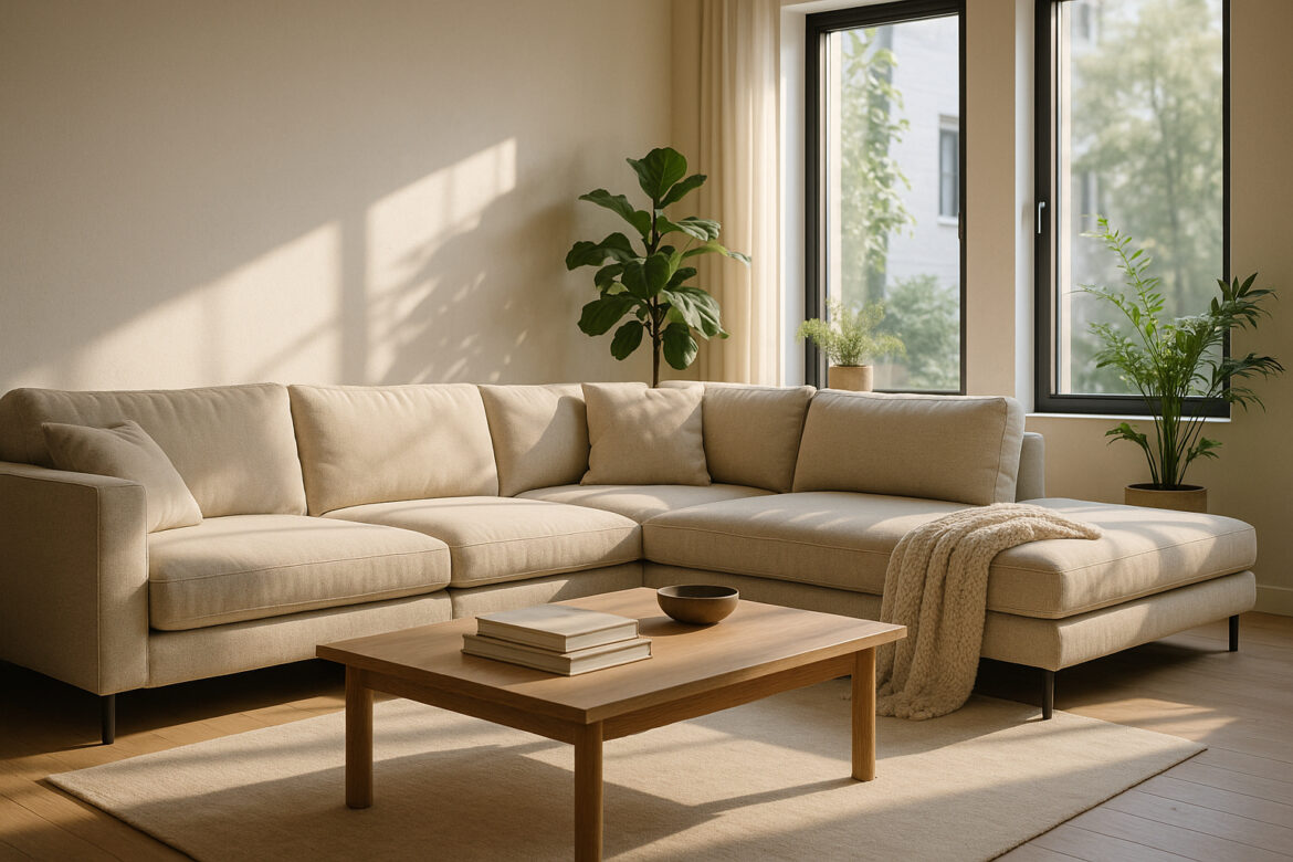 Photo d'un salon moderne avec canapé beige et lumière naturelle
