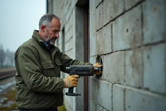 Ouvrier utilisant un scellement chimique sur un mur en béton extérieur par temps froid et humide