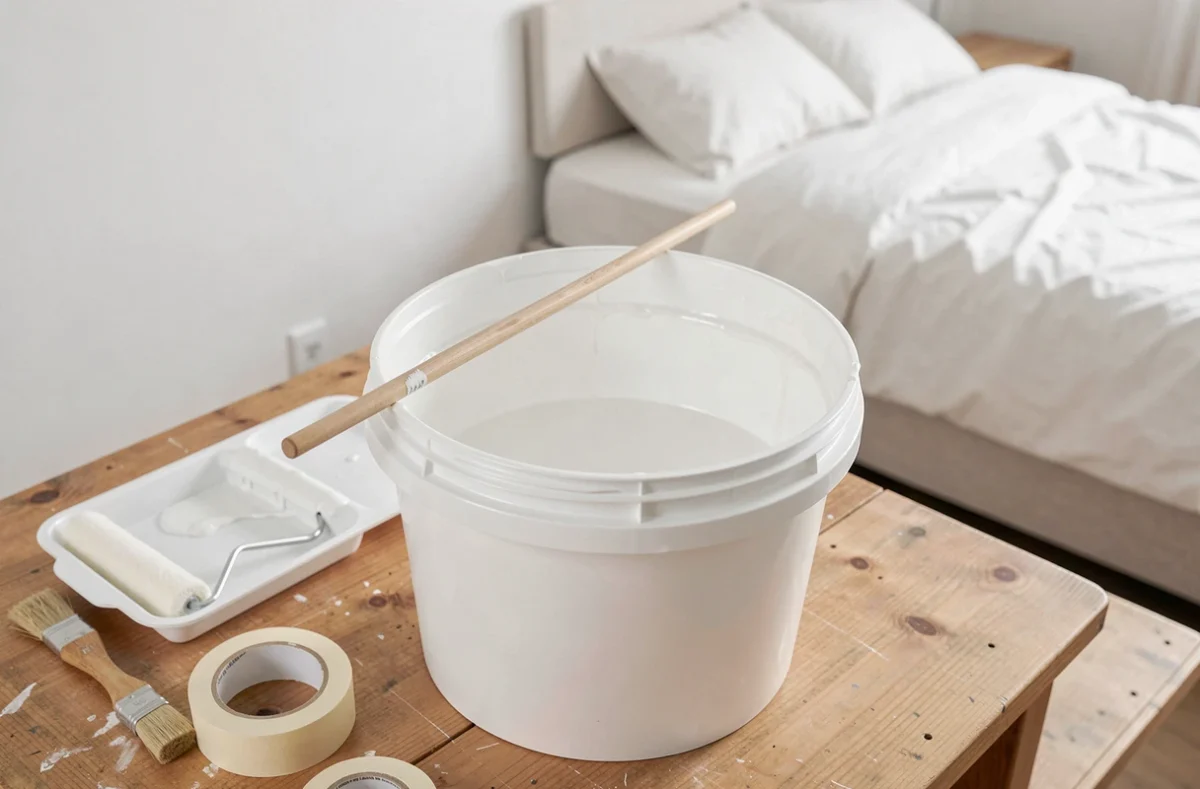 Seau de peinture blanche ouvert avec outils de peinture sur une table en bois dans une chambre rénovée