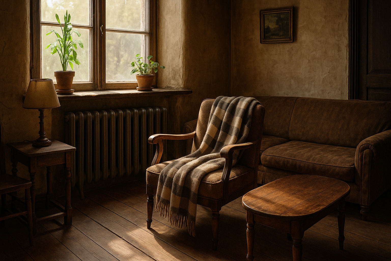 Salon rustique avec radiateur en fonte et mobilier vintage