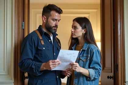 Un serrurier explique une facture à une cliente dans un hall parisien