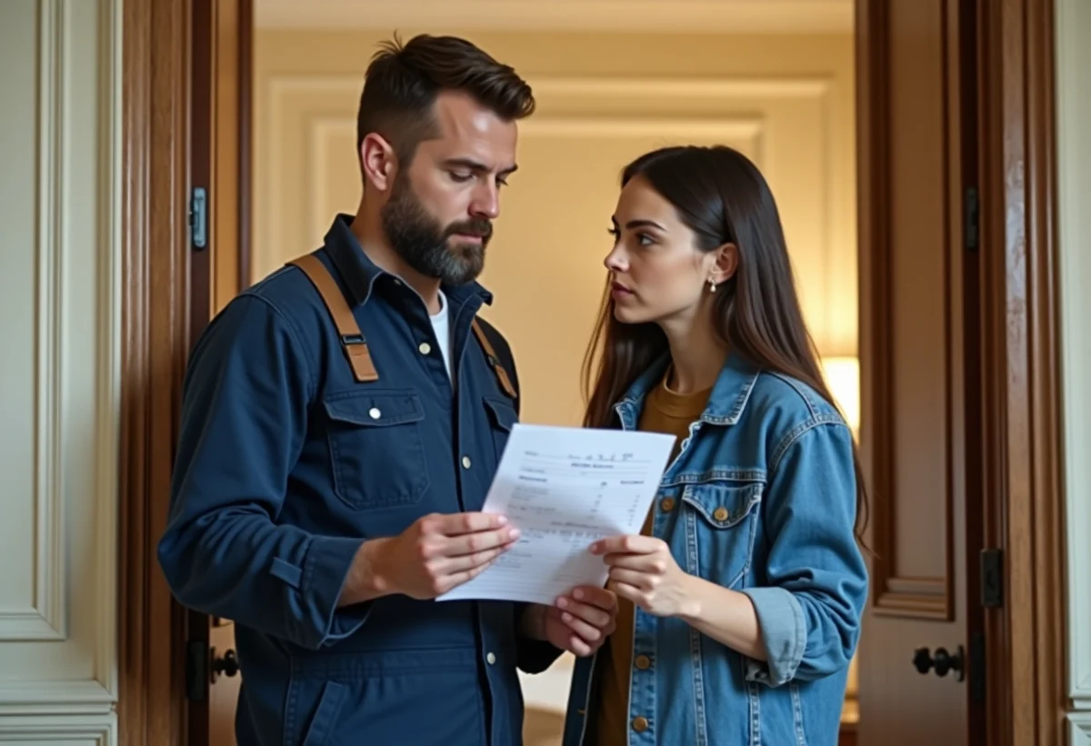 Un serrurier explique une facture à une cliente dans un hall parisien