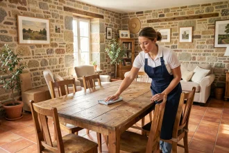 Professionnelle du ménage à domicile nettoyant une table dans un appartement de style breton en Ille-et-Vilaine