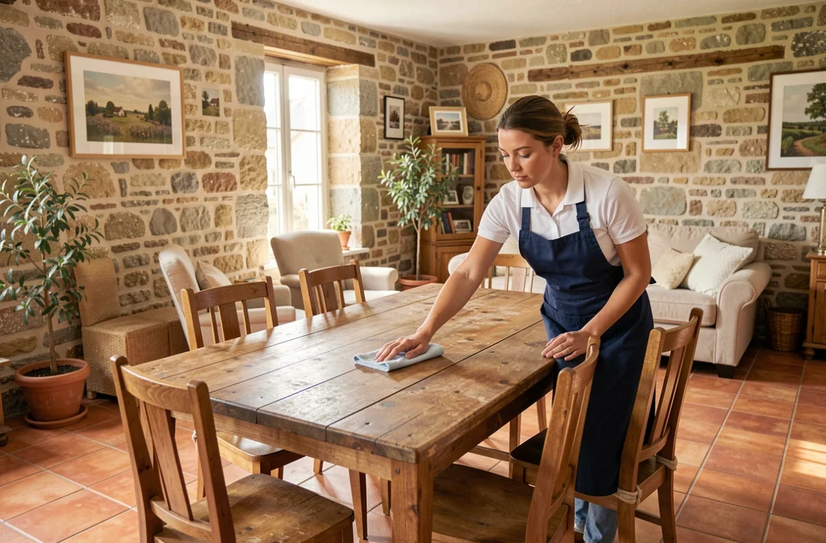 Professionnelle du ménage à domicile nettoyant une table dans un appartement de style breton en Ille-et-Vilaine