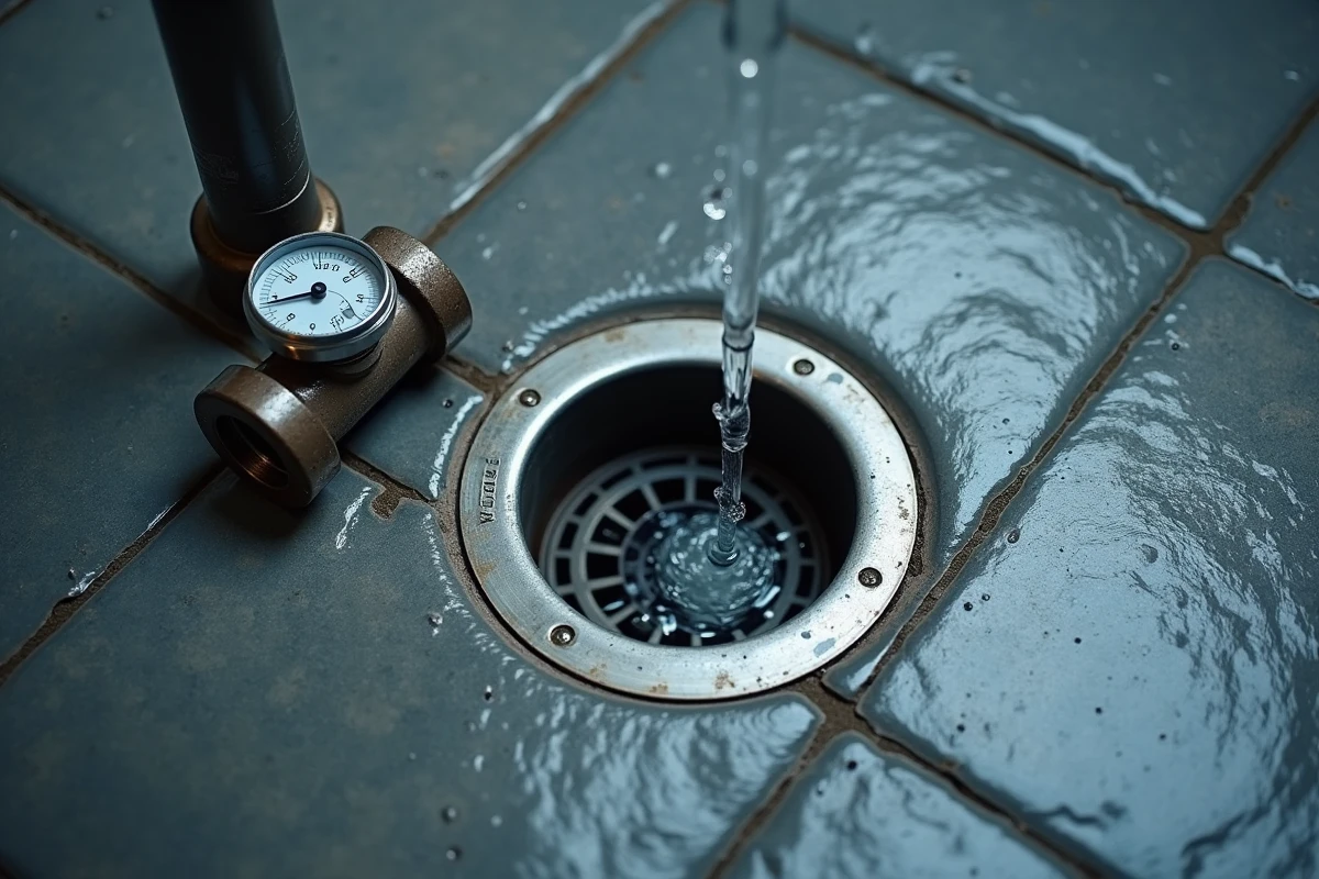 Gros plan sur un siphon de douche et un compteur de débit d'eau mesurant les litres consommés par douche