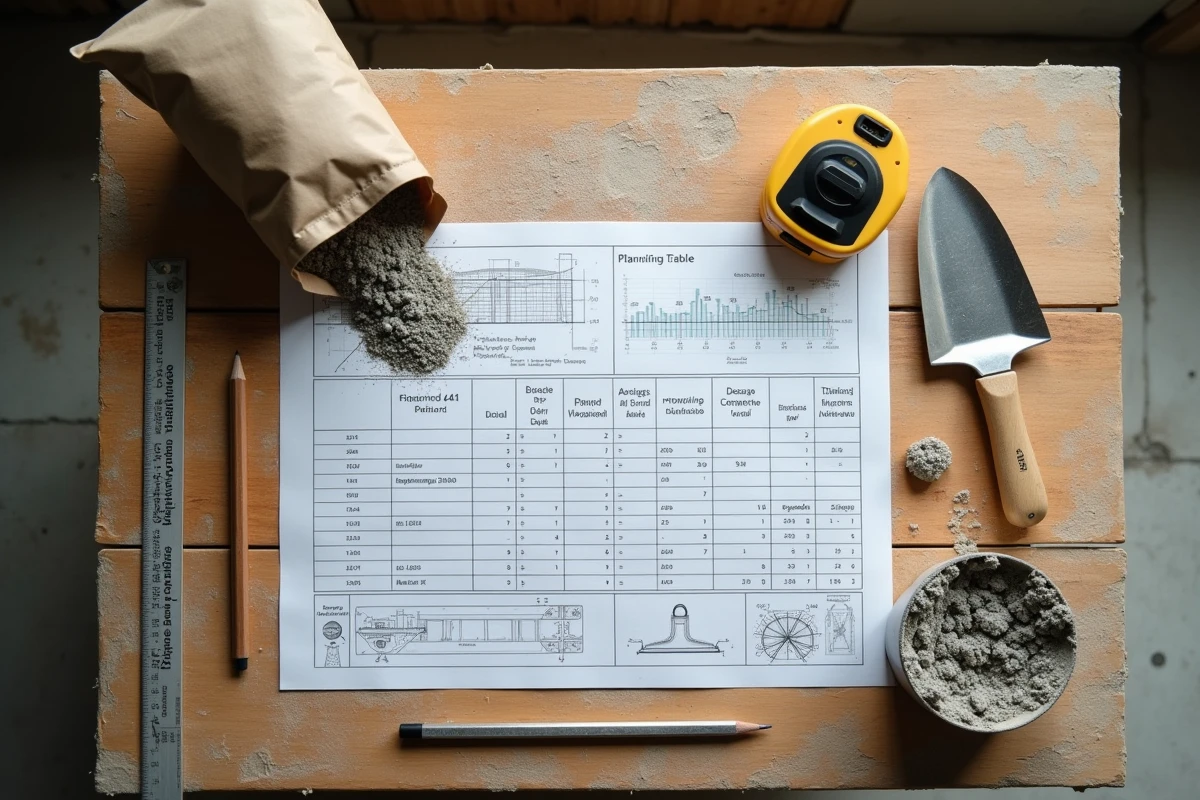 Vue de dessus d'un tableau de dosage pour chape béton posé sur une table de chantier avec outils et sac de ciment