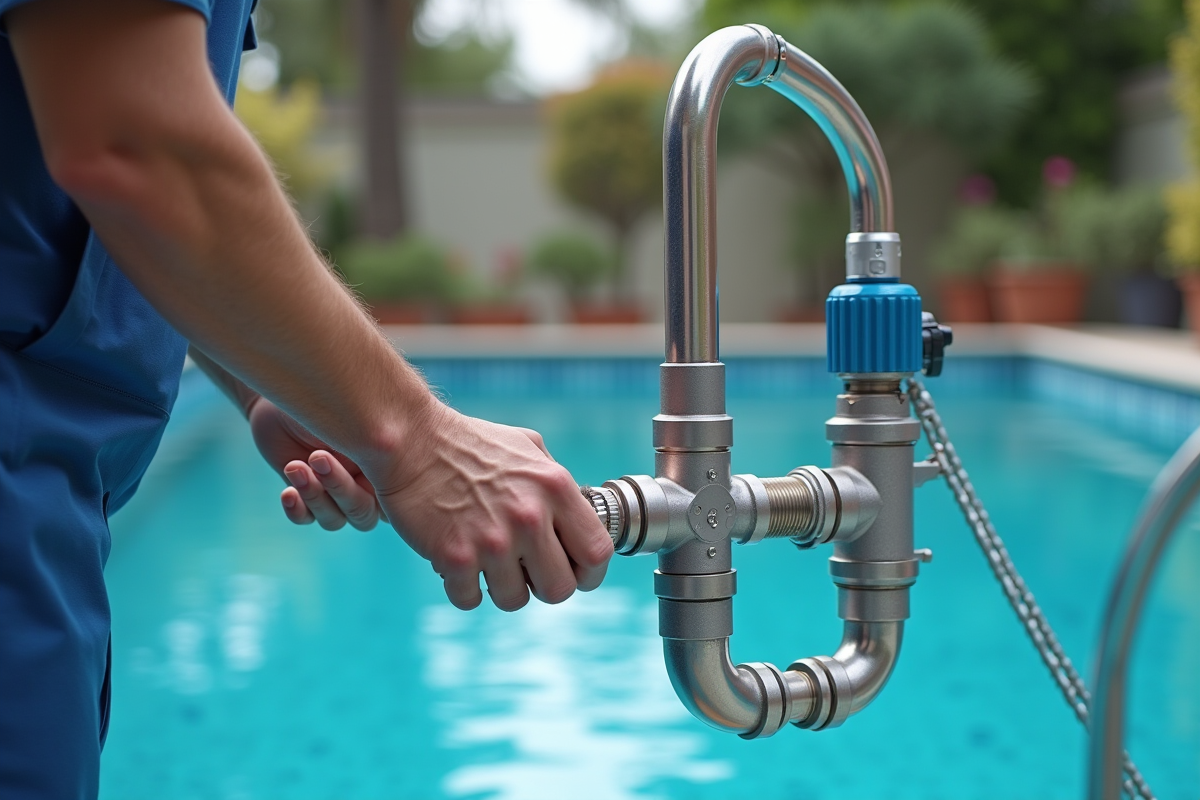 Technicien ajustant un systeme de filtration de piscine en extérieur