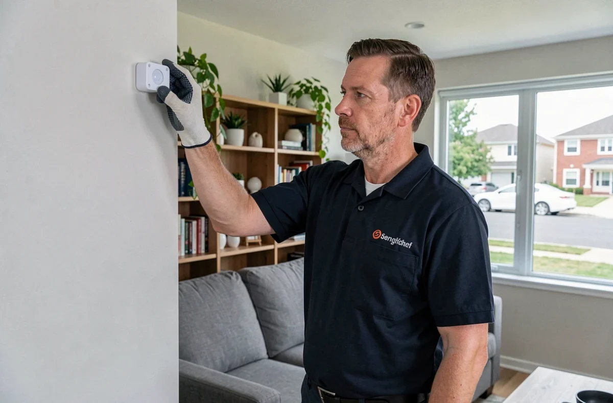 Technicien de sécurité Verisure installant un détecteur de mouvement dans un salon moderne