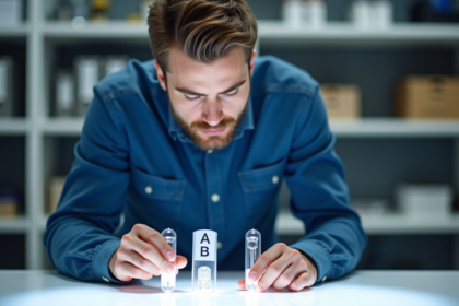 Technicien étudiant trois tubes LED dans un bureau moderne