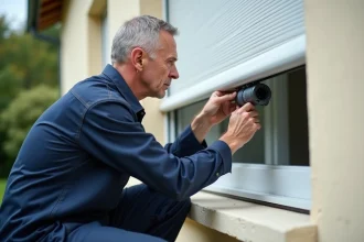 Technicien examinant le moteur d'un volet roulant Bubendorff sur une maison individuelle