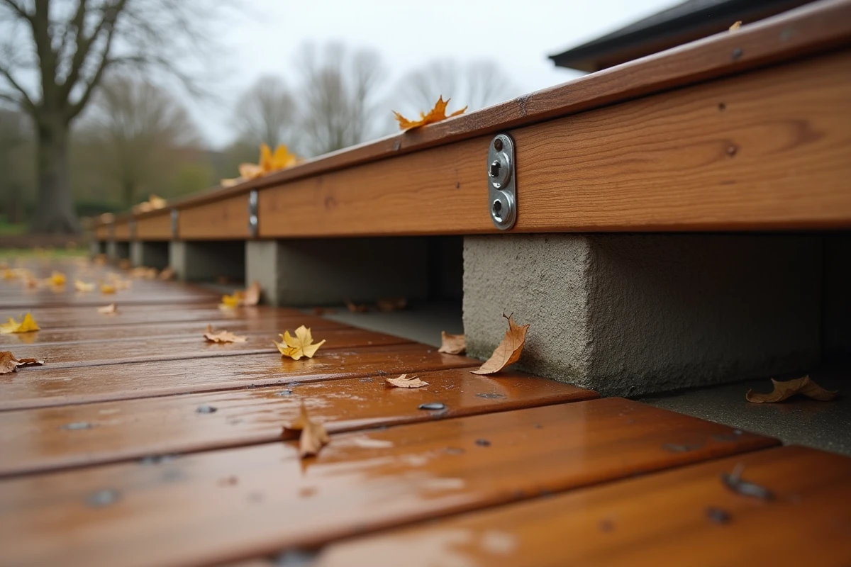 Structure de terrasse en bois avec chevilles inox vissées dans une fondation en béton sous la pluie et le vent automnal