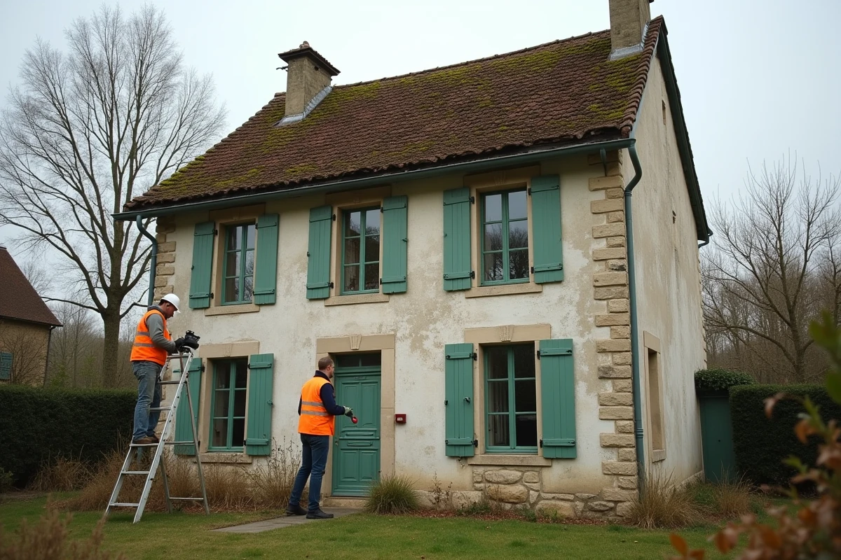 Technicien réalisant un test d'étanchéité à l'air sur la facade d'une vieille maison de campagne française dans le cadre d'un diagnostic énergie