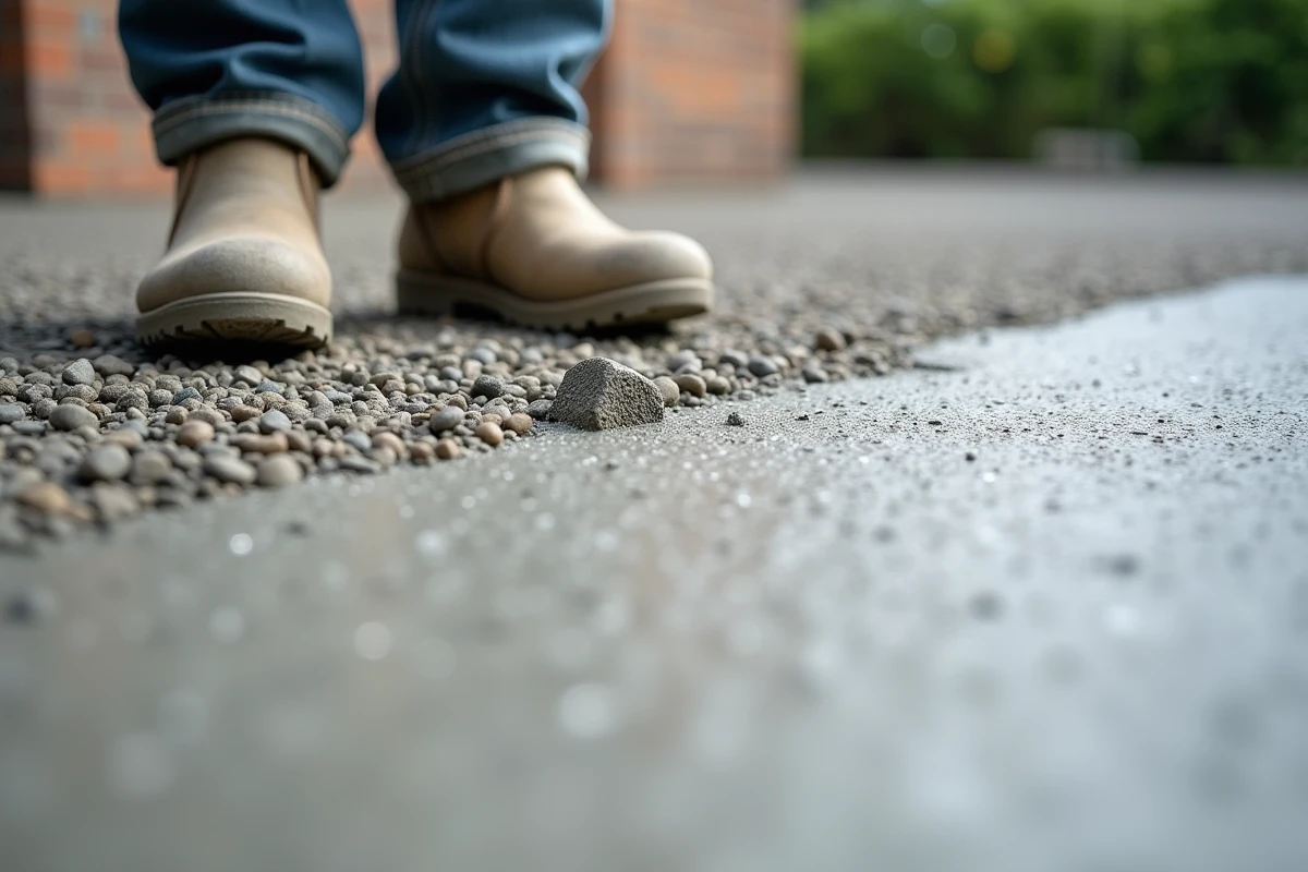 Gros plan sur la texture du béton désactivé posé fraîchement avec des granulats apparents