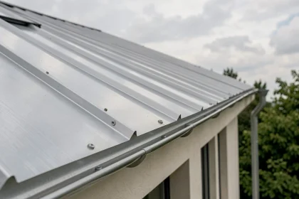 Toiture en tôle aluminium ondulée sur maison moderne avec détails des fixations et joints étanches